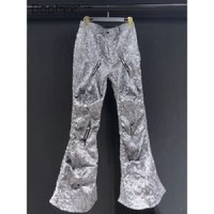 Men Flared Straight-leg Pants Street Handsome Gray Metallic Pleated High-waisted Cargo Pants Silver Metallic Pleated Pants