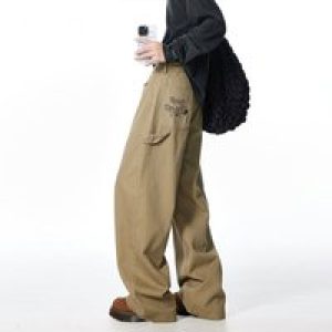 Ah Mei Khaki Casual American High Street Trend Embroidered Straight Overalls Men 2025 Summer Fashion Retro Y2k Wide-Leg Pant Men