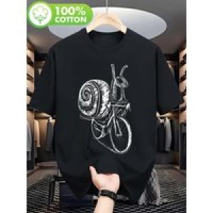 Men’s Humorous Snail Riding Bicycle Graphic T-Shirt – 100% Cotton Breathable Black Casual Tee