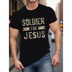 Men’s “Soldier for Jesus” Camo Print T-Shirt – Casual Black Short Sleeve Tee with Golden & White Lettering