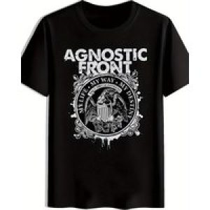 Men’S Black “Agnostic Front” Graphic T-Shirt – Vintage Rock Band Design, Short Sleeve, Casual Crew Neck, Summer Tee for Music