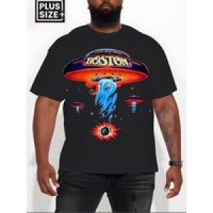 Men’S Plus Size “Boston” UFO Graphic T-Shirt – Casual Crew Neck, 3D Print Design with Alien & Spaceship, Machine Washable