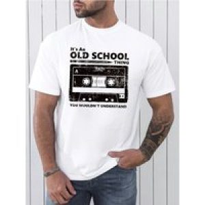 Men’s Tape And Pencil Illustration Pattern And IT’S AN OLD SCHOOL THING Print Pure Cotton T-shirt, Crew Neck