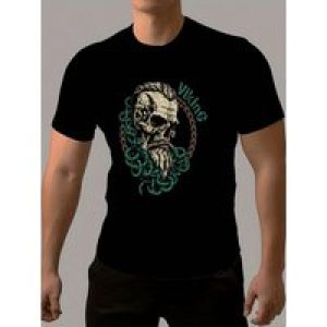 1pc Viking Skull Print T-Shirt for Men, Casual Crew Neck, 100% Polyester Knit Fabric, Reguler Print Design, S