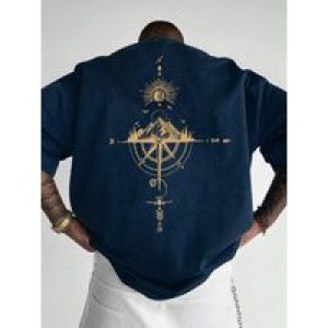 Men’s Short Sleeve T-Shirt 100% Polyester Loose Fit Casual Round Neck Navy Blue with Golden Compass Rose Mountain Print