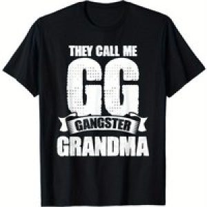 1pc Black Cotton “They Call Me GG Gangster Grandma” Graphic T-Shirt with Combed Design, Short Sleeve, Round Neck