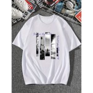 All-Season Casual Men’s Crew Neck T-shirt – Vibrant Beach Print, Comfort Stretch Fabric, Easy Care