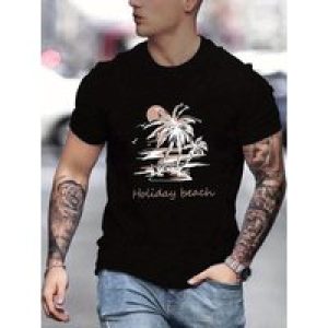 Holiday Beach Pattern Print Men’s Comfy T-shirt, Graphic Tee Men’s Summer Outdoor Clothes, Men’s Clothing, Tops For Men