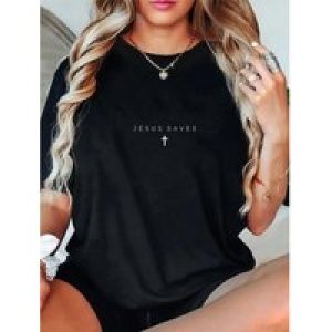 Jesus Saves” Cross Graphic Tee – 100% Cotton, Casual Crew Neck T-Shirt For Women, Machine Washable