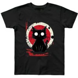 Durable] Men’s Retro Cat Graphic T-Shirt – Black Short Sleeve Crewneck, 100% Cotton