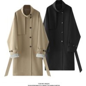 Classic British Trench Coat: New Season Longline Design W/ Stand Collar Contrast Lining (Khaki/Black) Windproof Mid-length Coat