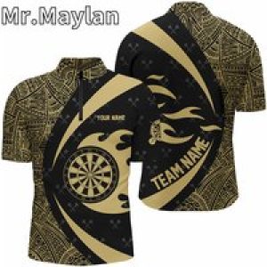 Men’s 3D Yellow & Black Polynesian Tattoo Pattern Darts Quarter-Zip Polo Shirt Customizable Name Team Jersey