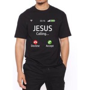 Men’s “Jesus Is Calling” Graphic T-Shirt – Black Faith-Inspired Summer Tee with Bold Red Print, Casual Round Neck