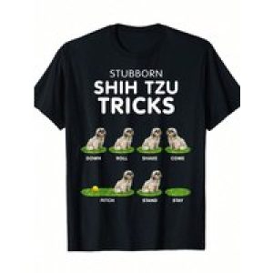 Shih Tzu Trick Graphic T-Shirt, 100% Cotton Crew Neck Tee, Casual Short Sleeve Pullover with Di