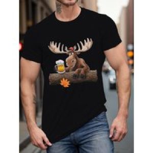 Men’S Casual Crew Neck T-Shirt with Cartoon Deer & Beer Print, 100% Cotton, Slight Stretch, Regular Cut