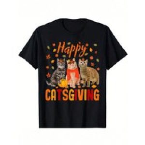 Fun Thanksgiving Cat Graphic Tee Happy Catsgiving Pilgrim Hat Design T-Shirt For Cat Lovers T-Shirt-200g