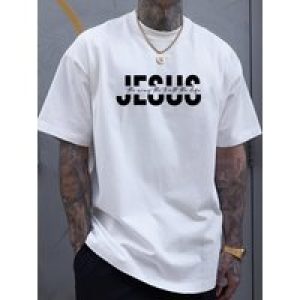 Men’s 100% Cotton Crew Neck T-Shirt with “JESUS” Print, Casual Sports Style, Breathable Knit Fabric