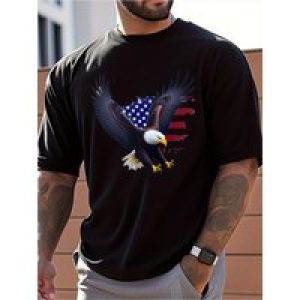 Men’s Patriotic Eagle Print T-Shirt – American Flag Design, Navy Blue Casual Short Sleeve