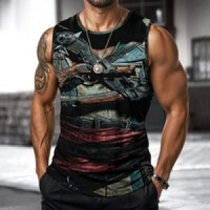 Mens Skull Vest Street Fashion Round Neck Sleeveless Printed T Shirt Daily Outdoor Sports Fitness Running Top Fear 2025 New
