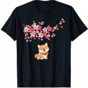 KeoStore Shiba Inu & Cherry Blossom T-Shirt – Cute Sakura Dog Design, Regular Fit, Cotton, Round Neck, Ideal For Casual Outings