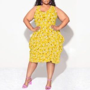 Women’s Summer Sexy Sleeveless Loose Plus Size Dress Fashion Printed Beach Party Dress Casual Vacation Midi Dress
