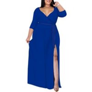 Women V Neck Casual 3/4 Sleeve Wrap Sexy Long Dresses Floral with Belt