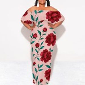 Curvy Women Casual Solid Color Off Shoulder Casual Short Sleeve Sexy Plus Size Maxi Dress Cocktail Club Party Dresses