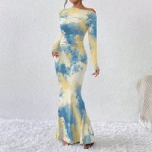 Women’s Crew Neck Ruched Bodycon Maxi Dress Long Sleeve Slim Fit Elegant Flared Evening Cocktail Party Dresses