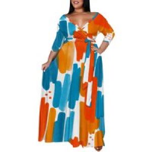 Women’s Plus Size Maxi Dresses Casual Loose Short Sleeve Long Maxi Dress with Belt Wedding