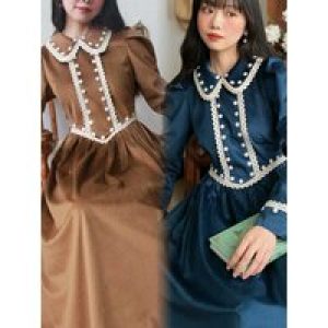 TIYIHAILEY Long Mid-Calf Women Ladies Velvet Dress Long Sleeve Brown S-L Spring Autumn Dresses Turn Down Collar Winter Vintage