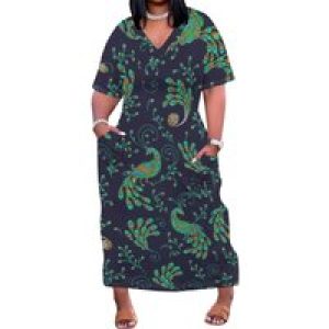 Women’s Plus Size African Print Dresses Casual Loose Pocket Short Sleeve Long Maxi Dress