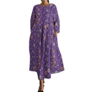 Vintage Floral Print Linen Midi Dress for Women 3/4 Sleeve Dresses with Pocket Summer Loose Boho Floral Dresses