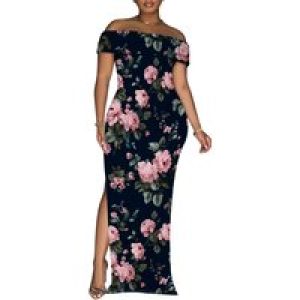 Women’s Maxi Dresses Short Sleeve Floral Solid Summer Beach Dress Casual Loose Side Split Long Dress with Pockets