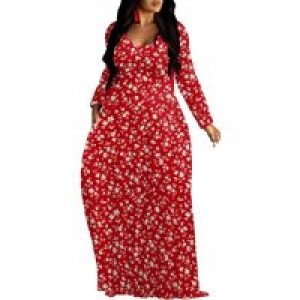 Women’s V Neck Maxi Dress Ruffles Full Sleeve Floral Dresses Wedding Guest Sundress with Belt