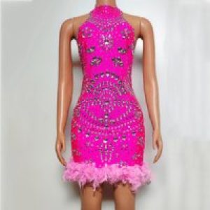 Rose Red Diamond Dress Luxury Fashion Full Diamond Feather Dress Hip Skirt Female Model Singer Performance Clothes Party Dresses