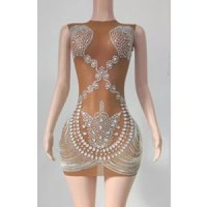 Skinny Diamond Chain Heavy Industry Rhinestone Mesh Splicing Hip Wrap Short Skirt For Party Host Платье Черное С Вырезом На Ноге