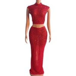 Diamond Dress Birthday Clothing Women’s Clothing Rhinestone Mesh Party Hollow Elegant Dress Women’s Clothing Two-piece Set Sexy