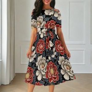 Women’s Boatneck Vintage Cocktail Party Dress with Puff Sleeves
