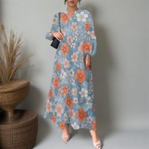 Women’s Summer Boho Floral Long Sleeve V-Neck Midi Dress Casual Loose Colorful Beach Vacation Dress with Pockets