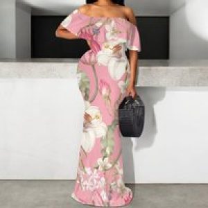 Pink Floral Print Off Shoulder Ruffle Maxi Dress Women Slim Fit Elegant Summer Party Dress