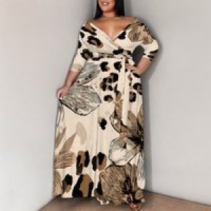 Boho Plus Size Maxi Dress for Women V Neck Half Sleeve Slim Fit Summer Long Dresses with Belt Elegant Casual Beach Outfit