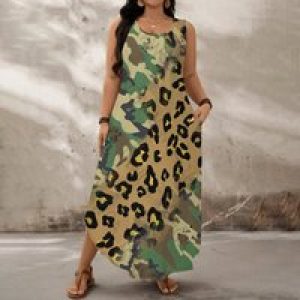 Plus Size Sleeveless Maxi Dress Camouflage Leopard Print Casual Loose Fit Summer Beach Long Dress