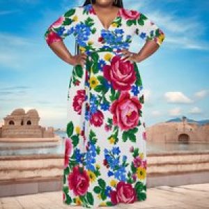 Plus Size Women’s V-Neck Half Sleeve Bright Floral Maxi Dress Casual Beach Party Dress