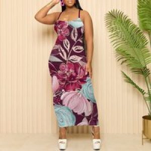 Vintage Floral Maxi Dress for Women Burgundy Spaghetti Strap Bodycon Sleeveless Summer Dress