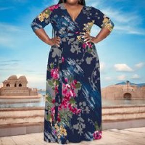Plus Size Women’s V-Neck Half Sleeve Abstract Floral Maxi Dress Elegant Summer Vacation Dress