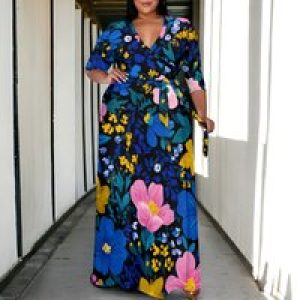 Plus Size Women’s 3/4 Sleeve V-Neck Floral Print Wrap Maxi Dress Elegant Bohemian Casual Dress