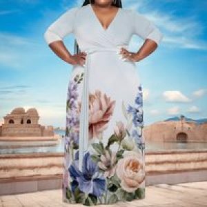 Plus Size Wrap Maxi Dress White Base Romantic Garden Floral Print Vacation Look