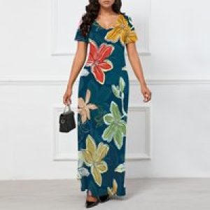 Women’s Multicolor Floral Print Maxi Dress Short Sleeve V Neck Long Dress Casual Summer Beach Holiday Wear