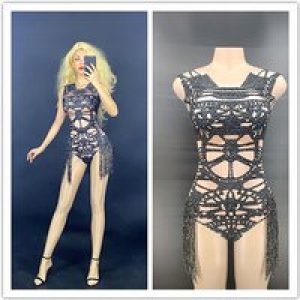 Rhinestone Tassel Elastic High Fork One – Piece Stage Performance Outfit For Nightclub Female Singer, Car Model & DJ Party Dress