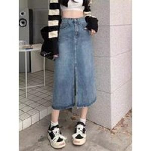 Summer New High-Waist Slit Denim Skirt for Women Washed Retro A-Line Skirt Hip Covering Straight Long Skirt